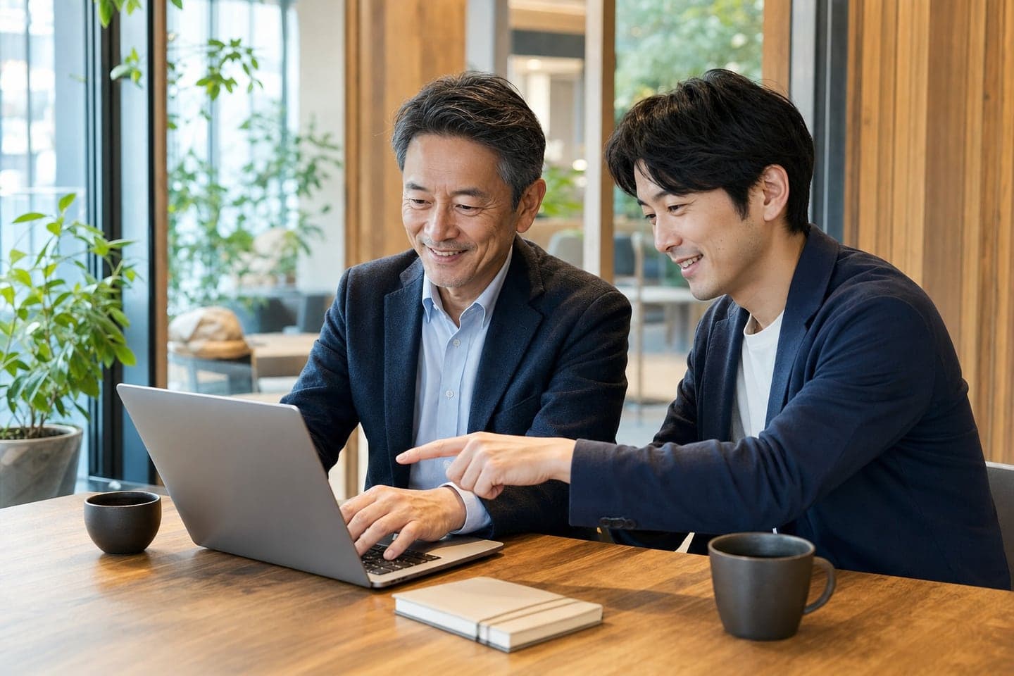 経営者とアドバイザーが並んでラップトップを操作しながら対話する様子